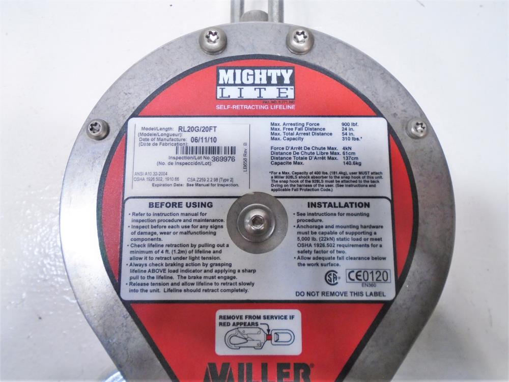 Miller Mighty Lite Self-Retracting Lifeline, 20 Ft, RL20G